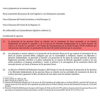 Fragmento del reglamento de la Unión Europea relativo al tratamiento de datos personales