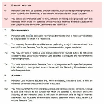 Fragmento de la legislación de la UKCG acerca de protección de datos.