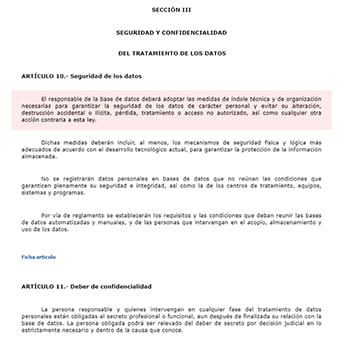 Extracto de la ley costarricense acerca de la Protección de la Persona frente al tratamiento de sus datos personales.