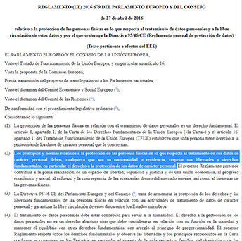 Fragmento del reglamento de la Unión Europea para la protección de datos personales.