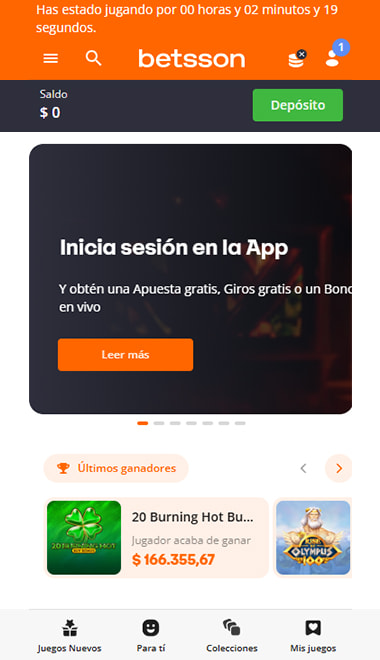Inicio de la app de Betsson Colombia con el saldo en cero y el botón de depósito.