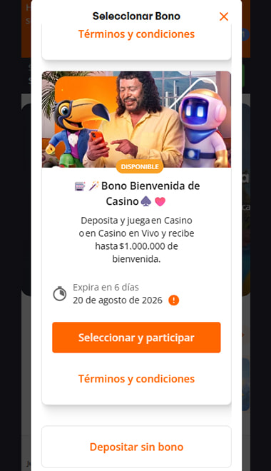 Bono de bienvenida de casino de Betsson, de hasta $1.000.000, antes de depositar con Mercado Pago.
