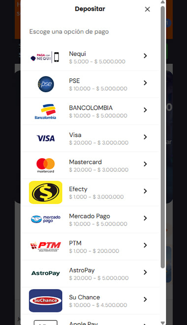 Cajero de Betsson con Mercado Pago en la lista, desde $10.000 hasta $5.000.000.