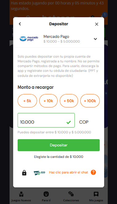 Depósito con Mercado Pago en Betsson: aviso de cuenta propia con cédula y monto de $10.000.