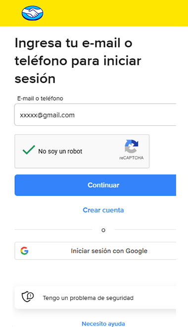 Inicio de sesión en Mercado Pago con e-mail o teléfono para autorizar el depósito.