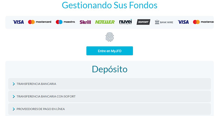 Página con los métodos de pago disponibles en la plataforma de JFD Brokers