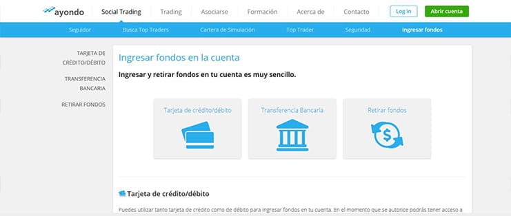 Métodos de ingreso de dinero disponibles en ayondo