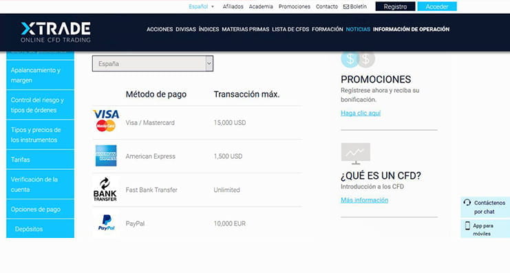 Métodos de pago del bróker de CFDs Xtrade