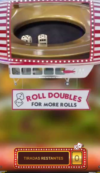 Máquina de dados de Monopoly Live con el cartel Roll Doubles for More Rolls y cero tiradas restantes.