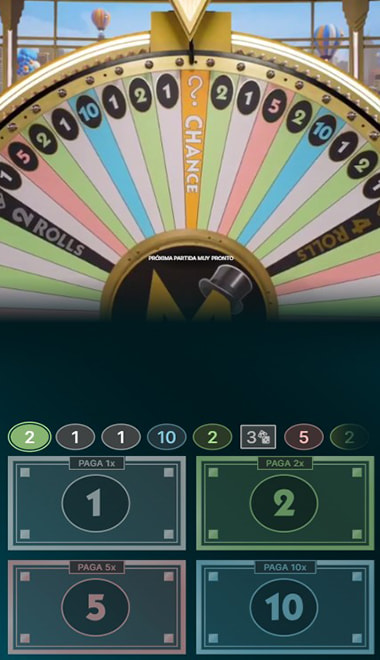 Rueda de Monopoly Live en primer plano con la casilla Chance, los segmentos Rolls y los números 1, 2, 5 y 10.