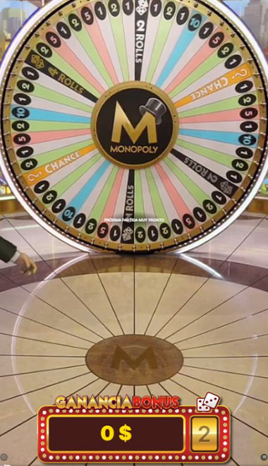 Rueda completa de Monopoly Live con los segmentos numerados, las casillas Chance y Rolls, y el contador de ganancia bonus.