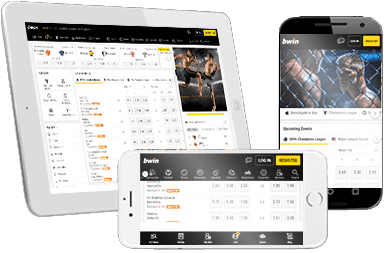 Dos móviles y una tablet con la app de la casa de apuestas bwin.