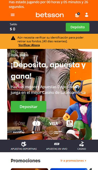 Inicio de la app de Betsson Colombia con el botón de depósito y los logos de Nequi y otros métodos.