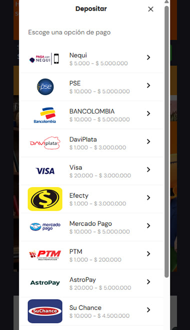 Lista de métodos de pago del cajero de Betsson con Nequi de primero, desde $5.000 hasta $5.000.000.