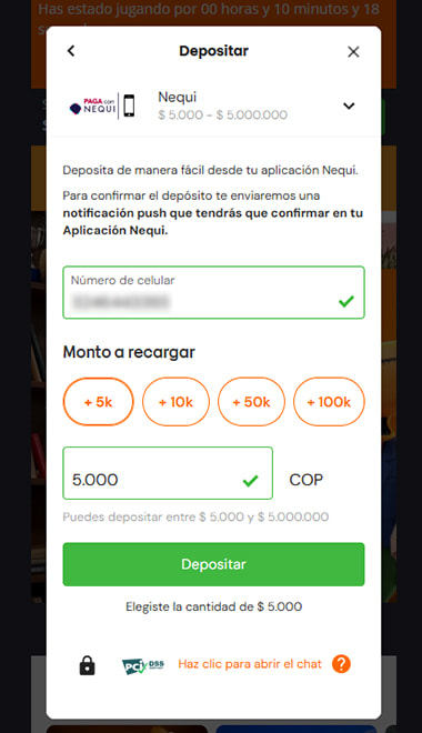 Formulario de depósito con Nequi: número de celular, montos rápidos y un monto de $5.000.