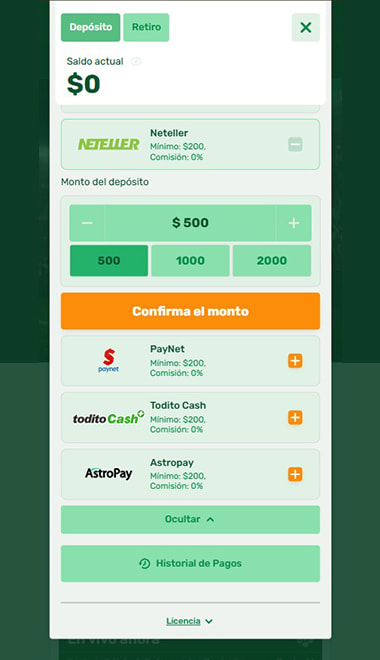 Selecciona Neteller  y la cantidad para depositar.