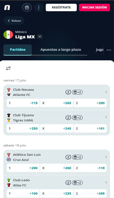 Página de apuestas de fútbol con sus momios y mercados.