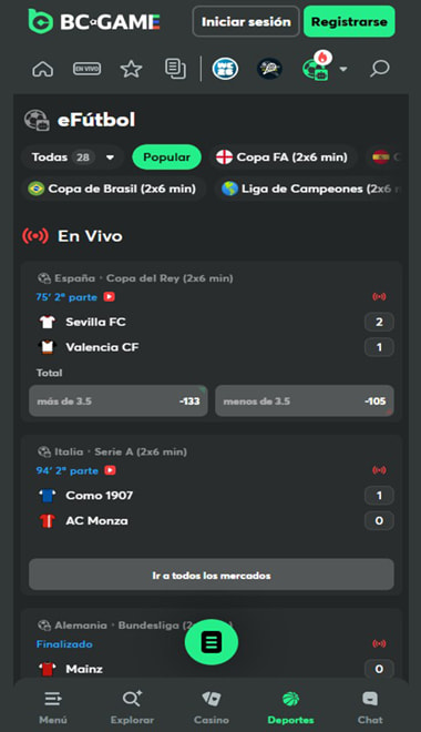 Sección de apuestas de eSports con sus eventos.