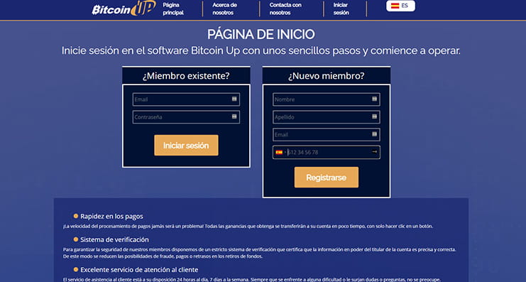 La página principal de Bitcoin Up.