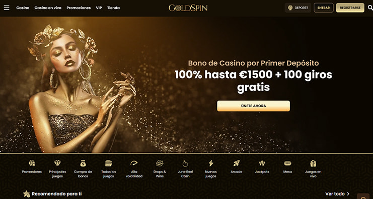 La página principal del casino GoldSpin.