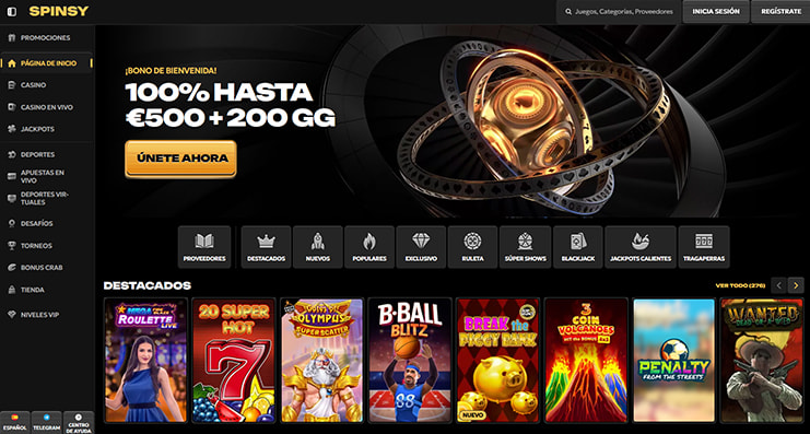La página principal del casino Spinsy.
