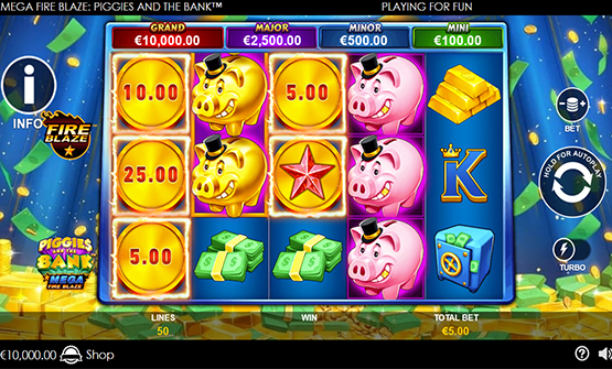 Partida de la slot Piggies and the Bank Mega Fire Blaze en un casino online de España.