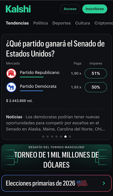 Interfaz principal de Kalshi mostrando mercado de predicción internacional