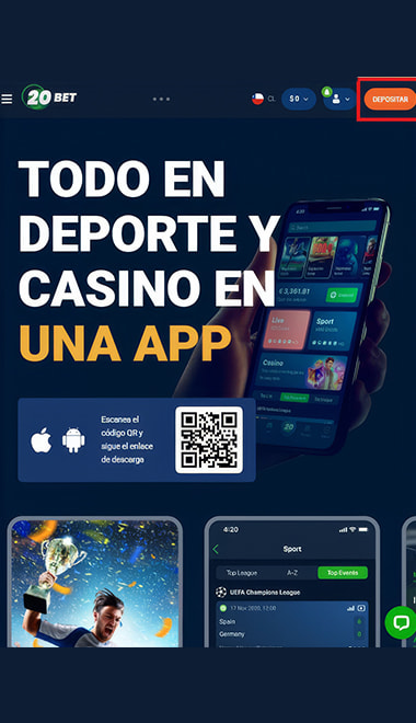 Página principal de 20Bet con el botón Depositar destacado.
