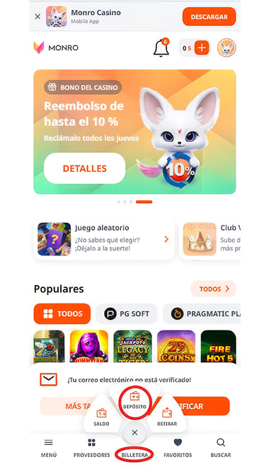 Página principal de Monro Casino en Chile con opción a depositar.