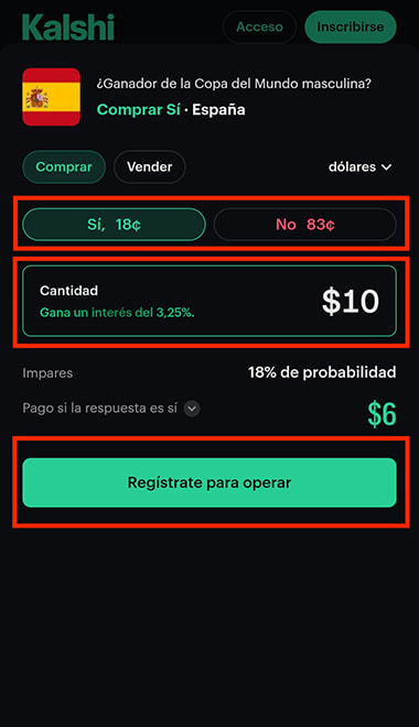 Selección de pronóstico y botón de registro en plataforma de predicción