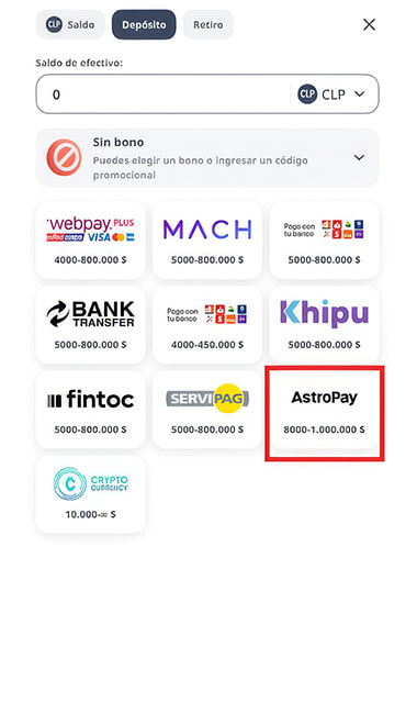 Selección de AstroPay como método de depósito en un casino online de Chile.