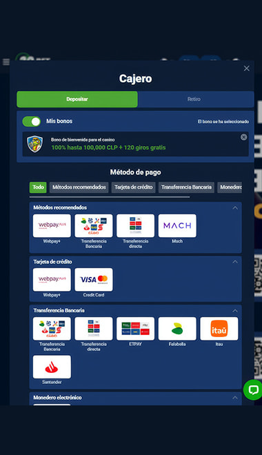 Cajero de 20Bet con métodos de pago disponibles en Chile.