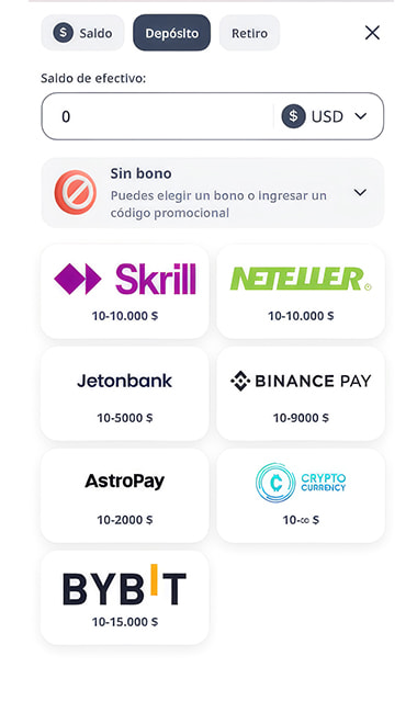 Formulario de depósito con Neteller y selección del monto.