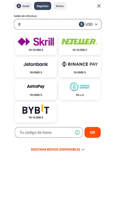 Selección de Skrill en los métodos de pago.