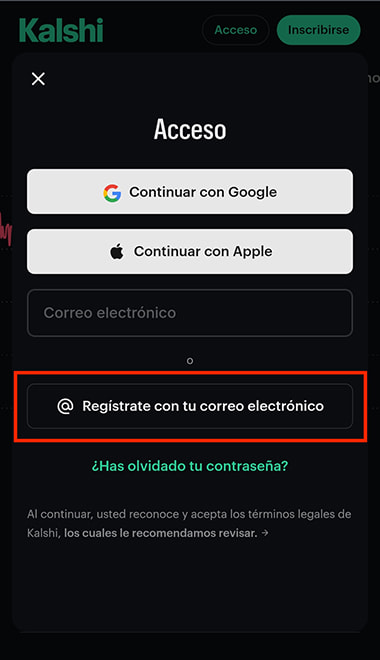 Opciones de acceso a Kalshi: registro con Google, Apple o correo