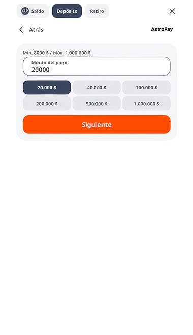 Ingreso del monto a depositar con AstroPay en pesos chilenos.