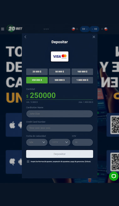 Formulario de depósito con tarjeta Mastercard y monto seleccionado.