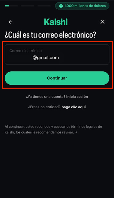 Formulario de ingreso de correo para crear una cuenta de usuario