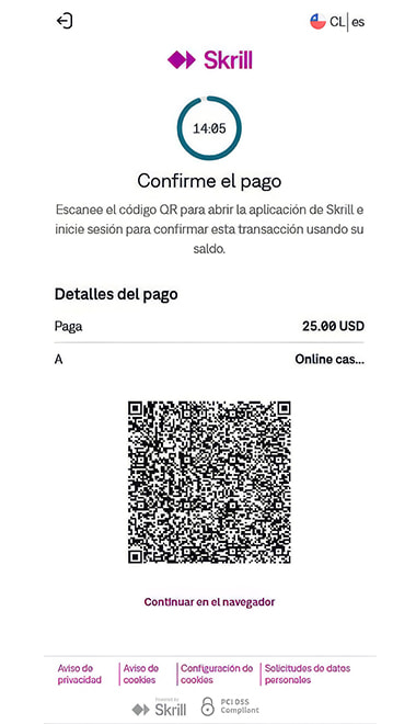 Ventana de confirmación de pago en un casino con Skrill.