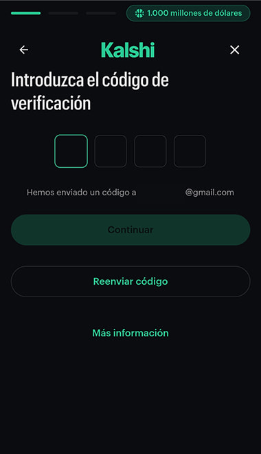 Pantalla de verificación de cuenta en Kalshi para introducir código enviado por email