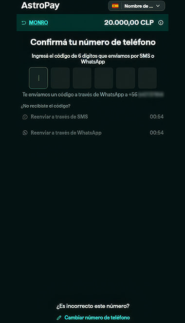 Confirmación del código SMS para validar el pago con AstroPay.