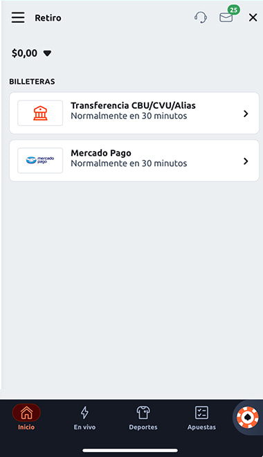 Métodos de pago disponibles para retirar desde la app de Betano.