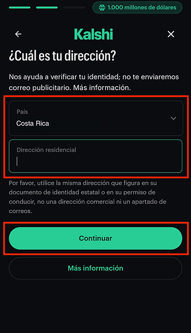 Configuración de dirección con Costa Rica seleccionada como país