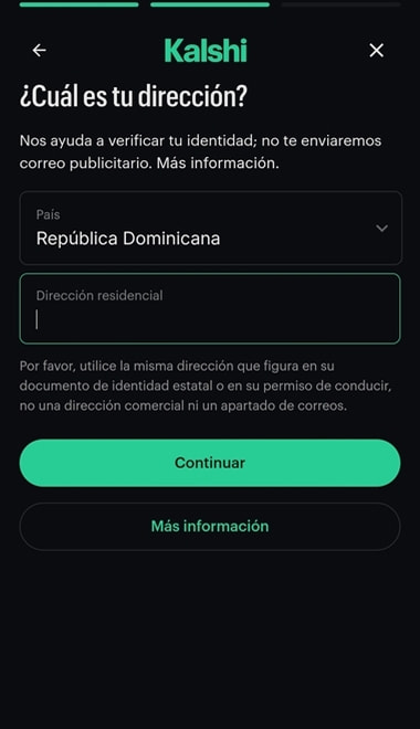 Configuración de dirección residencial en Kalshi con República Dominicana seleccionada como país