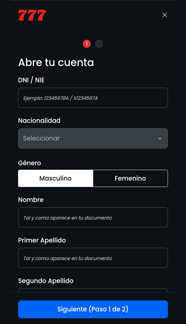 Pantalla de registro de la app en el casino77 en España.