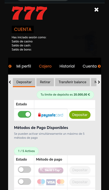 Pantalla de selección de PaysafeCard como método de pago preferente en casino777.