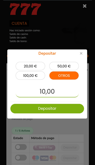 Imagen del proceso de depósito con PaysafeCard en el casino777.