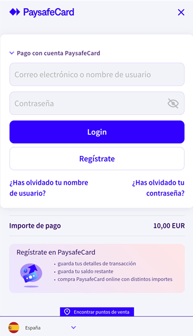 Pantalla de registro en PaysafeCard España.