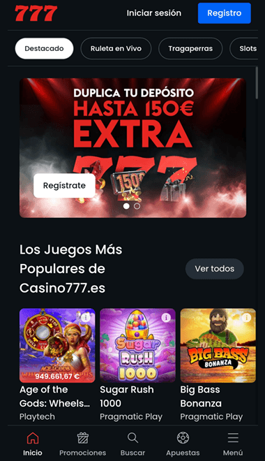 Pantalla de inicio de la app del casino777 en España con variedad de juegos.