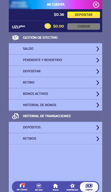 Pantalla de una cuenta de usuario en PLayUZU con saldo, depósito y retiro.